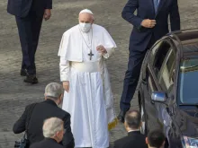 Pope Francis stands outside a car during the general audience June 30, 2021.